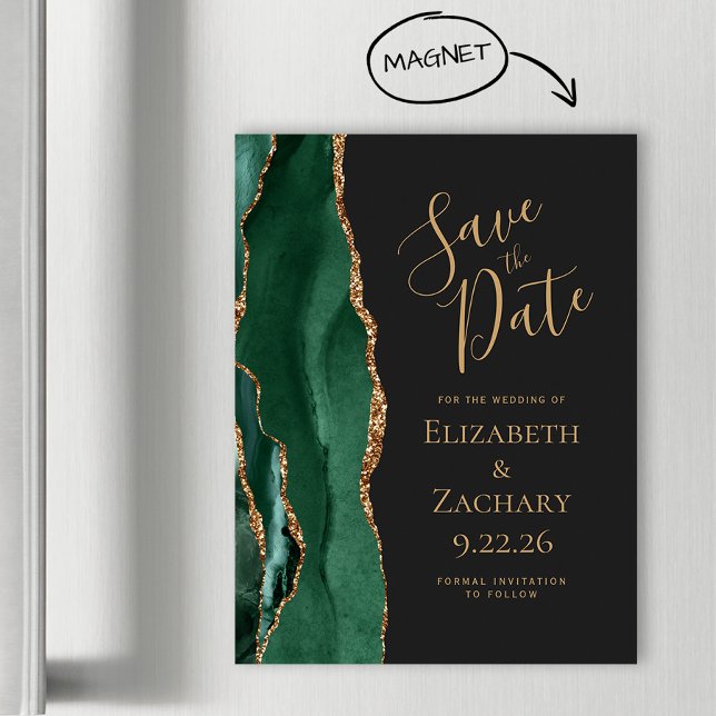 Emerald Green Gold Agate Dark Magnet Save the Date (Creator Uploaded)