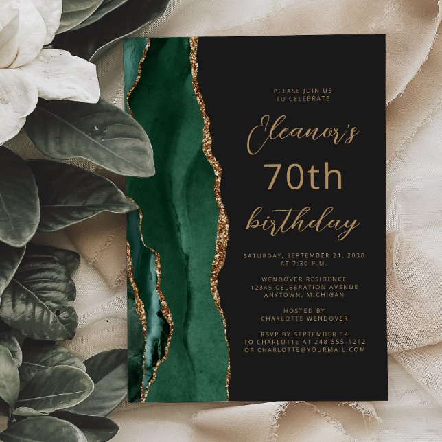 Emerald Green Gold Agate Dark Script 70th Birthday Invitation (Creator Uploaded)