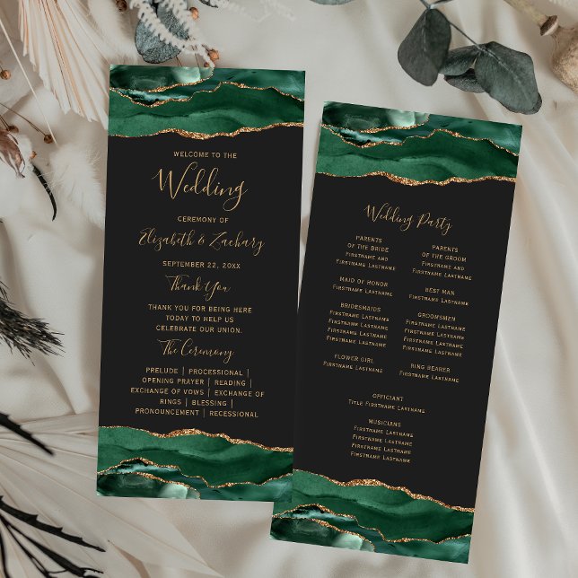 Emerald Green Gold Agate Dark Wedding Program (Creator Uploaded)