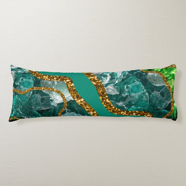 Emerald Green & Gold Agate Geode Glitter Body Pillow (Front)