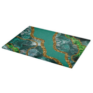 Emerald Green & Gold Agate Geode Glitter Cutting Board