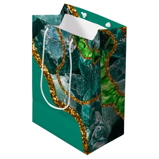 Emerald Green & Gold Agate Geode Glitter Medium Gift Bag (Front Angled)
