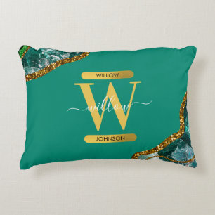 Emerald Green & Gold Agate Geode Glitter Monogram Accent Pillow