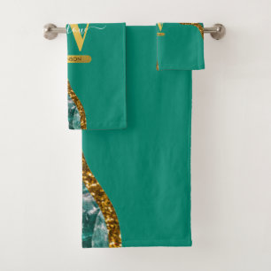Emerald Green & Gold Agate Geode Glitter Monogram Bath Towel Set