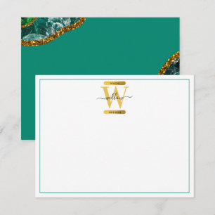 Emerald Green & Gold Agate Geode Glitter Monogram Card