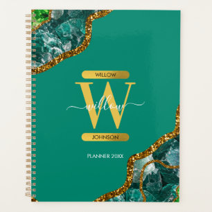 Emerald Green & Gold Agate Geode Glitter Monogram Planner