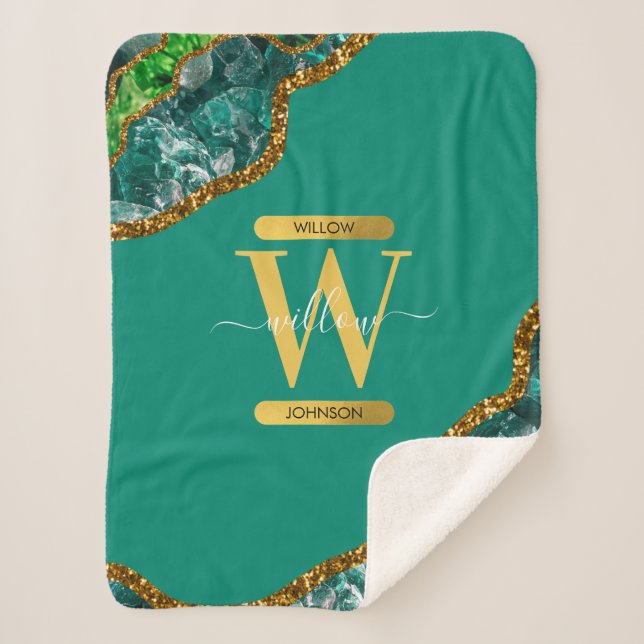 Emerald Green & Gold Agate Geode Glitter Monogram Sherpa Blanket (Front)