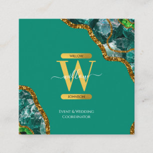 Emerald Green & Gold Agate Geode Glitter Monogram Square Business Card