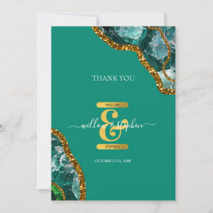 Emerald Green & Gold Agate Geode Glitter Monogram Thank You Card