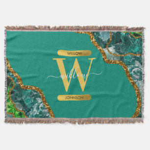 Emerald Green & Gold Agate Geode Glitter Monogram Throw Blanket