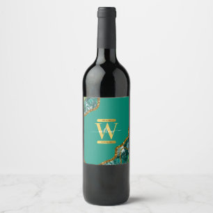 Emerald Green & Gold Agate Geode Glitter Monogram Wine Label