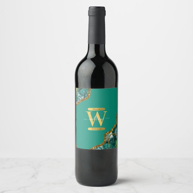 Emerald Green & Gold Agate Geode Glitter Monogram Wine Label (Front)