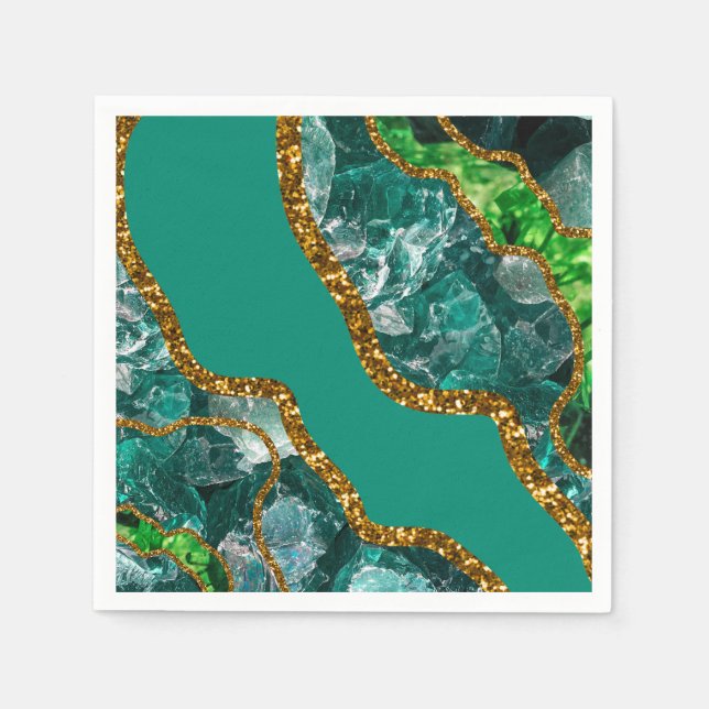 Emerald Green & Gold Agate Geode Glitter Napkin (Front)