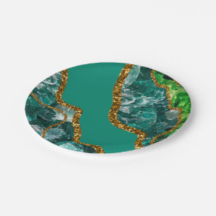 Emerald Green & Gold Agate Geode Glitter Paper Plate