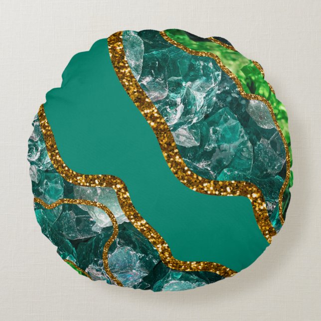 Emerald Green & Gold Agate Geode Glitter Round Pillow (Front)