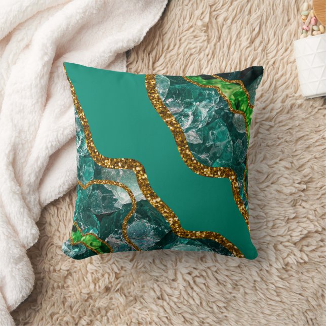 Emerald Green & Gold Agate Geode Glitter Throw Pillow (Blanket)
