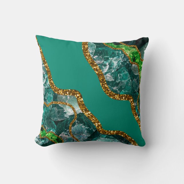 Emerald Green & Gold Agate Geode Glitter Throw Pillow (Front)