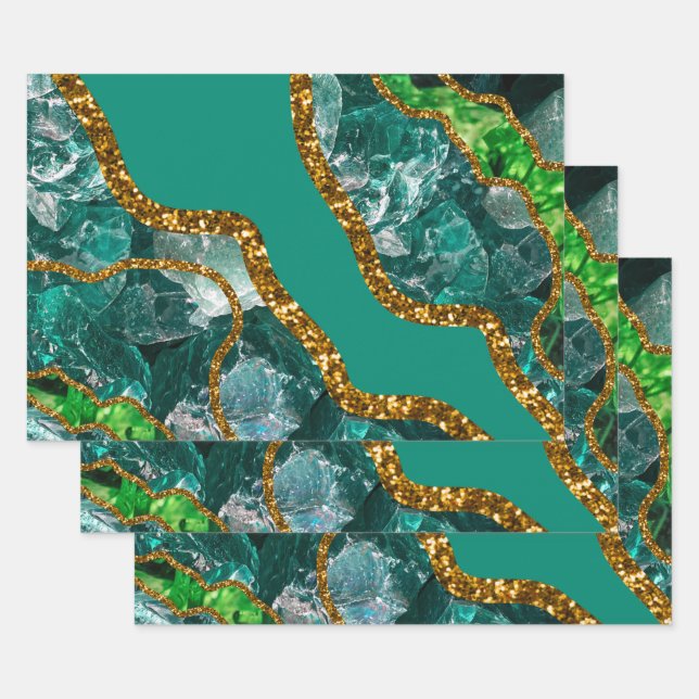 Emerald Green & Gold Agate Geode Glitter Wrapping Paper Sheet (Set)