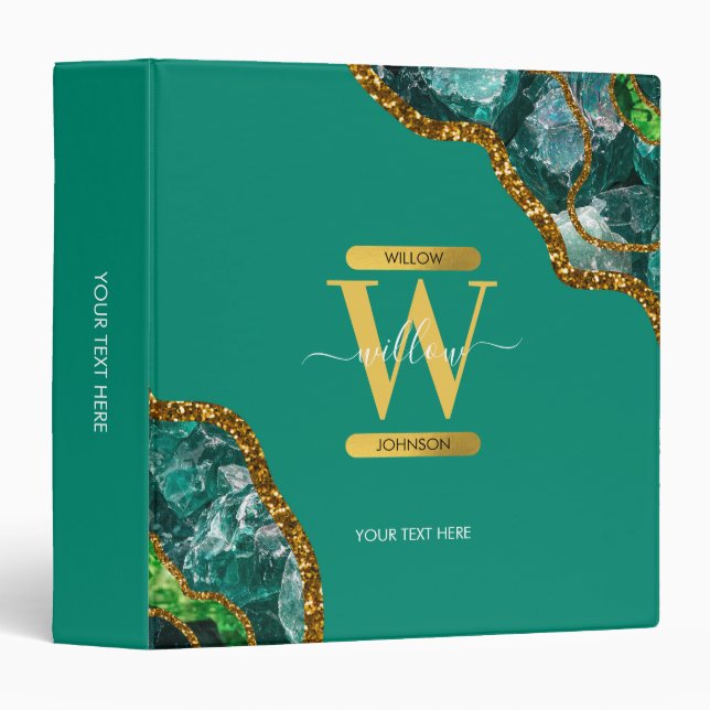 Emerald Green & Gold Agate Geode Monogram School Binder (Front/Spine)