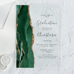 Emerald Green Gold Agate Grey Text Graduation Acrylic Invitations