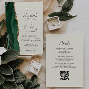 Emerald Green Gold Agate Ivory QR Code Wedding Invitation