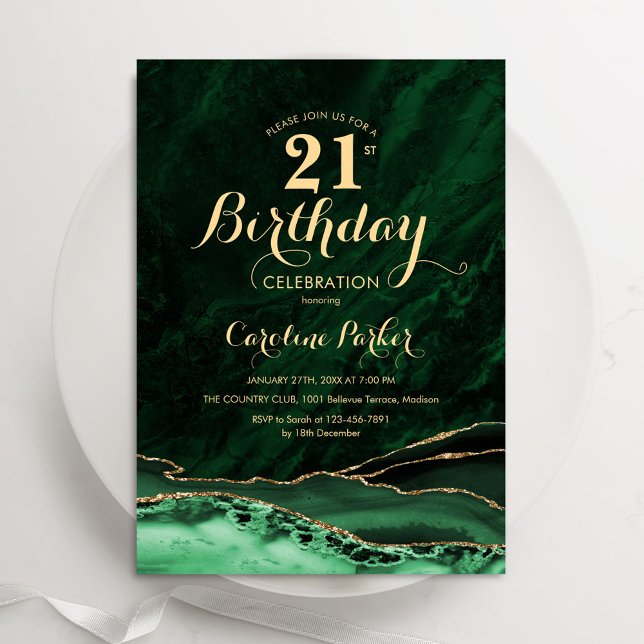 Emerald Green Gold Agate Marble 21st Birthday Invitation (Creator Uploaded)