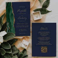 Emerald Green Gold Agate Navy Blue QR Code Wedding