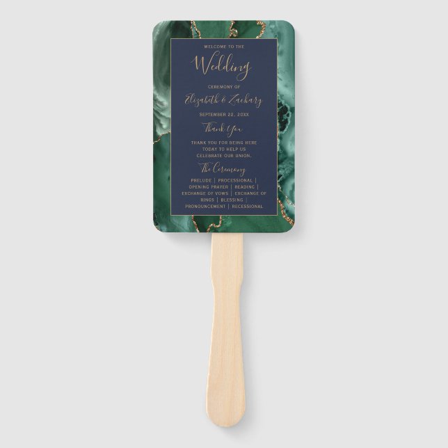 Emerald Green Gold Agate Navy Blue Wedding Program Hand Fan (Front)