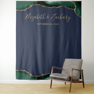 Emerald Green Gold Agate Navy Wedding Photo Booth Tapestry