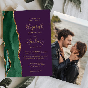Emerald Green Gold Agate Photo Purple Wedding Invitation