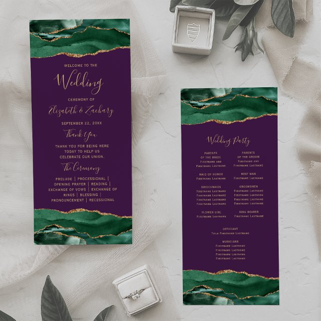 Emerald Green Gold Agate Purple Wedding Program (Creator Uploaded)