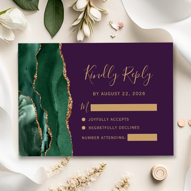 Emerald Green Gold Agate Purple Wedding RSVP Card (Creator Uploaded)
