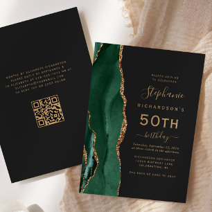 Emerald Green Gold Agate QR Code 50th Birthday Invitation