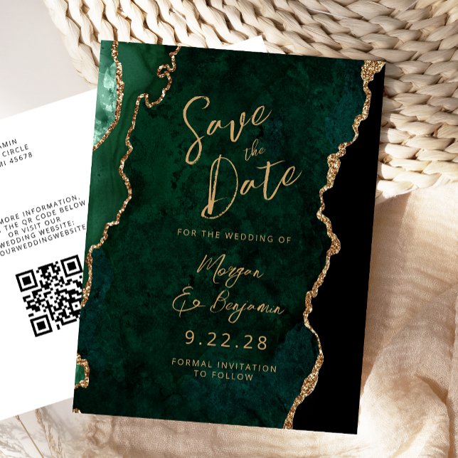 Emerald Green Gold Agate QR Code Save the Date Announcement Postcard (Creator Uploaded)
