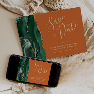 Emerald Green Gold Agate Rust Save the Date Card