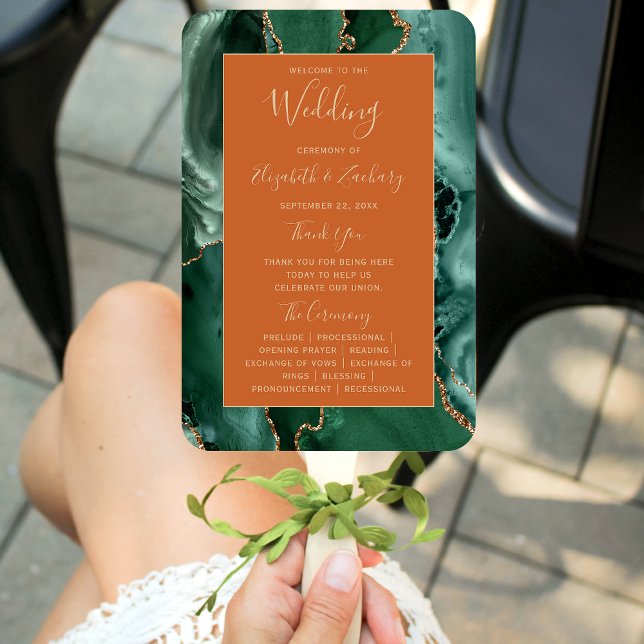 Emerald Green Gold Agate Rust Wedding Program Hand Fan (Creator Uploaded)