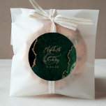 Emerald Green Gold Agate Script Wedding Classic Round Sticker<br><div class="desc">This elegant modern wedding sticker features an emerald green watercolor agate geode design trimmed with faux gold glitter. Easily customize the gold-coloured text,  with the names of the bride and groom in handwriting calligraphy over a large ampersand and the wedding date below.</div>