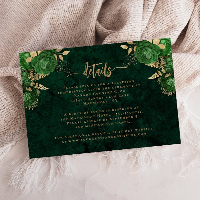 Emerald Green Gold Agate Script Wedding Details Enclosure Card (Creator Uploaded)