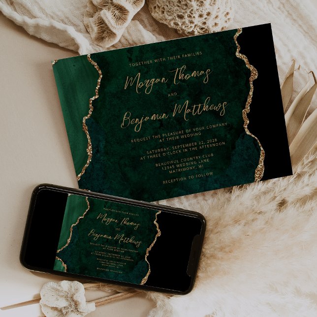 Emerald Green Gold Agate Script Wedding Invitation (Creator Uploaded)