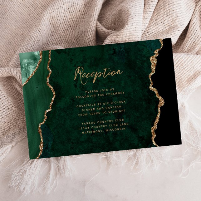 Emerald Green Gold Agate Script Wedding Reception Enclosure Card (Creator Uploaded)