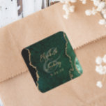 Emerald Green Gold Agate Script Wedding Square Sticker<br><div class="desc">This elegant modern wedding sticker features an emerald green watercolor agate geode design trimmed with faux gold glitter. Easily customize the gold-coloured text,  with the names of the bride and groom in handwriting calligraphy over a large ampersand and the wedding date below.</div>