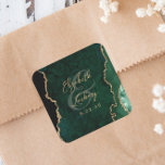 Emerald Green Gold Agate Script Wedding Square Sticker<br><div class="desc">This elegant modern wedding sticker features an emerald green watercolor agate geode design trimmed with faux gold glitter. Easily customize the gold-coloured text,  with the names of the bride and groom in handwriting calligraphy over a large ampersand and the wedding date below.</div>