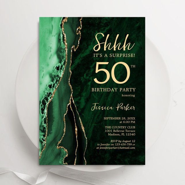 Emerald Green Gold Agate Surprise 50th Birthday Invitation (Creator Uploaded)