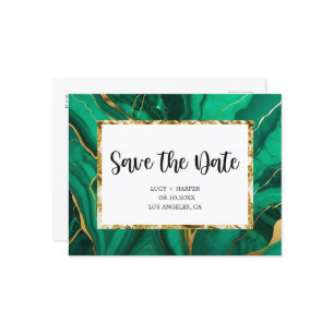 Emerald Green & Gold Agate Wedding Save the date Announcement Postcard