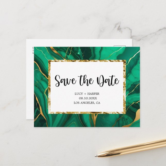 Emerald Green & Gold Agate Wedding Save the date Announcement Postcard (Front/Back In Situ)