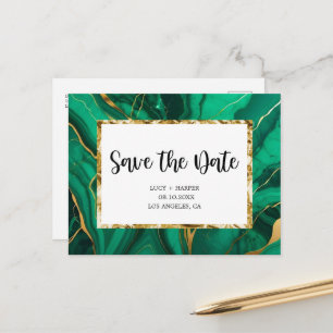 Emerald Green & Gold Agate Wedding Save the date Announcement Postcard