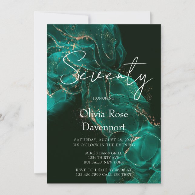 Emerald Green Gold Alcohol Ink 70th Birthday Party Invitation (Front)