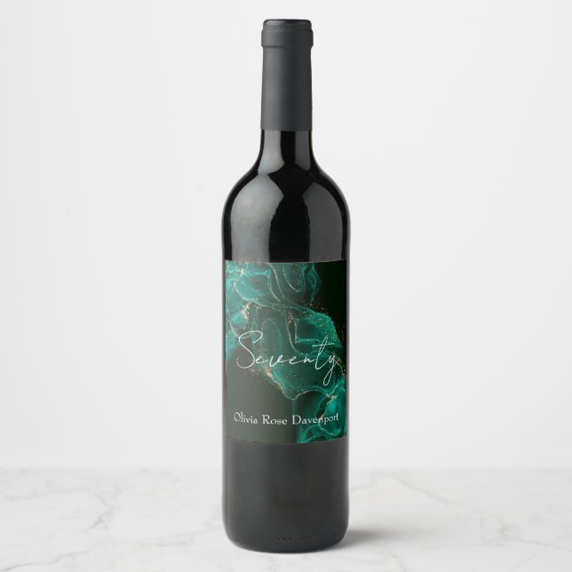Emerald Green Gold Alcohol Ink 70th Birthday Party Wine Label (Front)