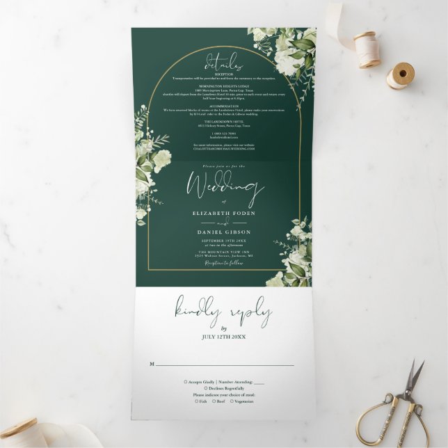 Emerald Green Gold Arch Greenery Photo Wedding Tri-Fold Invitation (Inside)