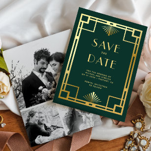 Emerald Green Gold Art Deco Photo Collage Wedding Save The Date